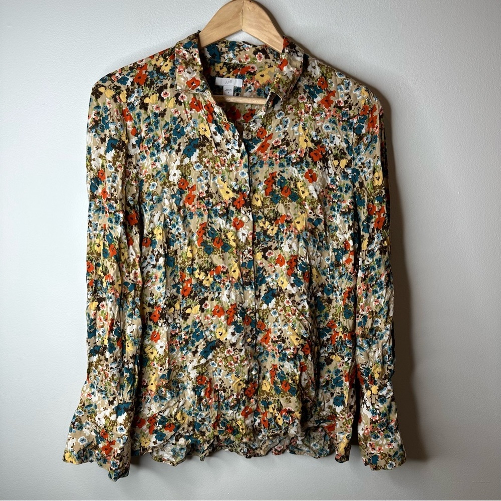 J.JILL Swing Blouse Medium Button Up Long Sleeve Collared Beige Blue Red